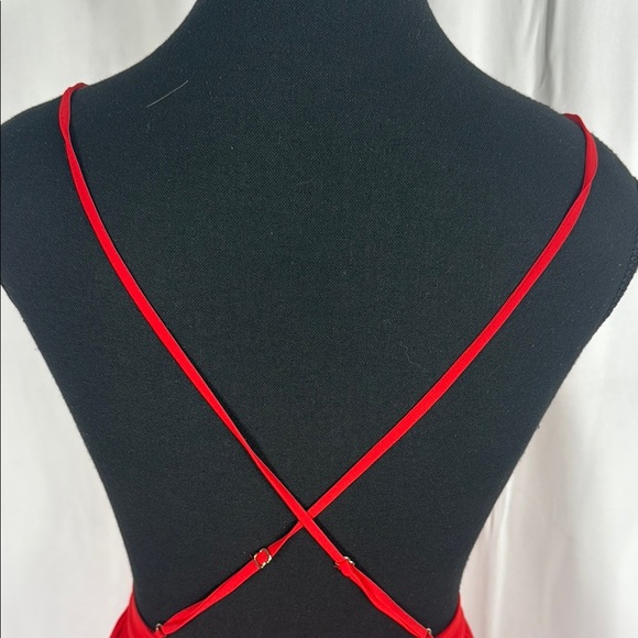 House of CB Darla Scarlet Lace Maxi Red Plunge V-Neck, Crisscross Back SZ XS - Picture 10 of 12